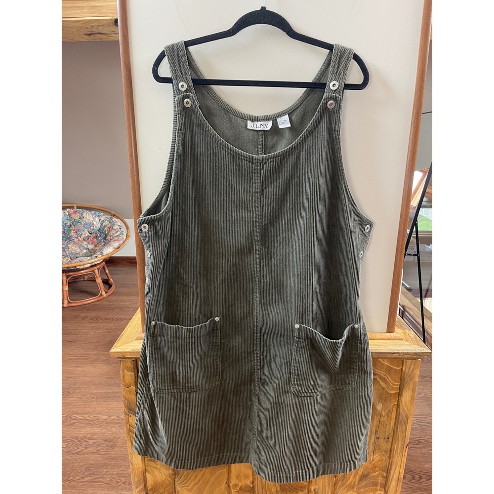 JLNY Olive Green Corduroy Jumper Dress Womens 2X Plus Size Cotton Pinafore Mini